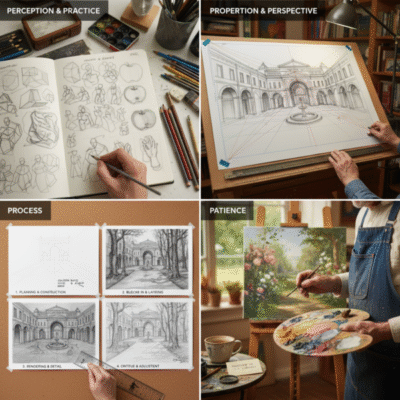 5 P's of Drawing - Icons representing Practice, Patience, Planning, Proportion, Perspective